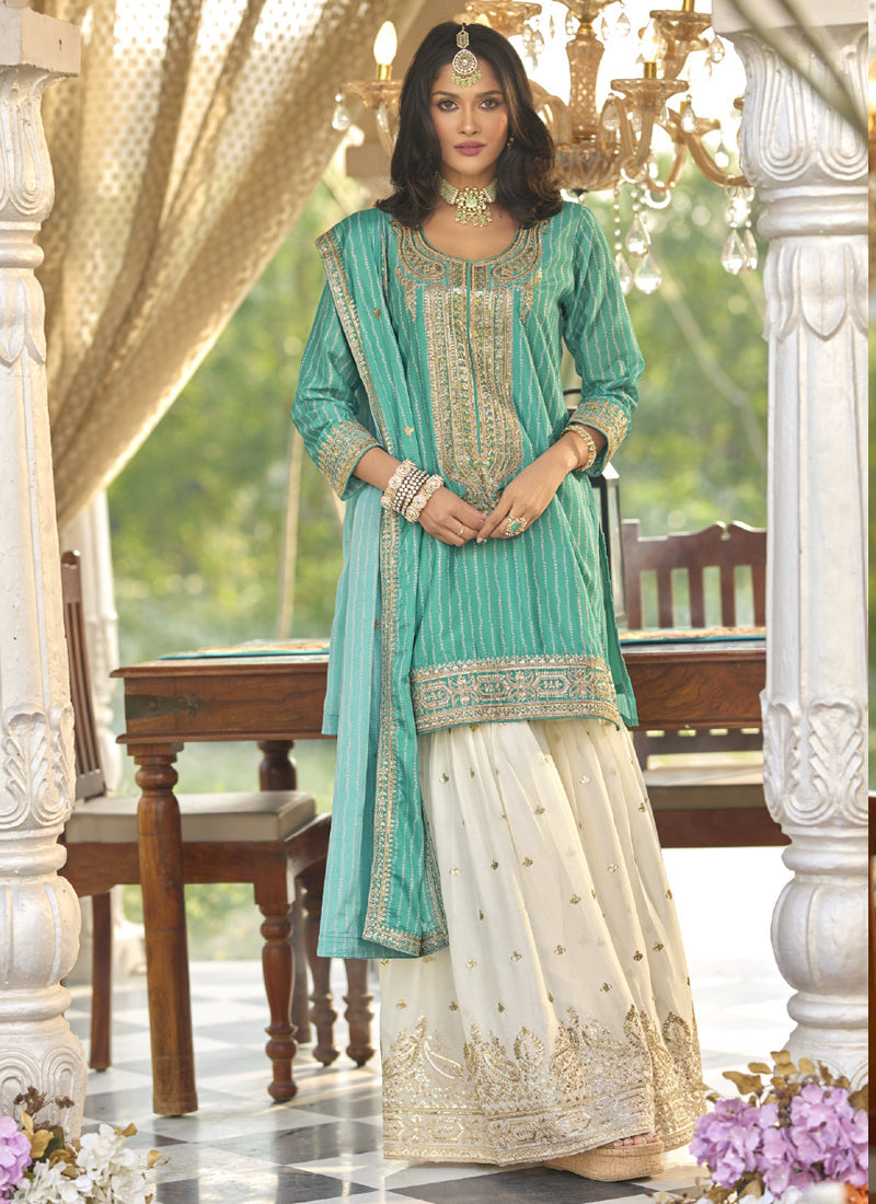 Vegaa Fashion Turquoise Chinon Silk Embroidered With Digital Print Palazzo Suit