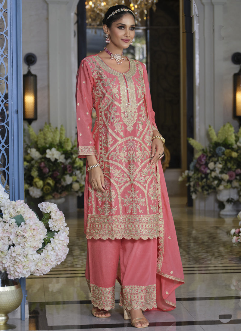 Peach Chinon Silk Palazzo Suit with Intricate Embroidery