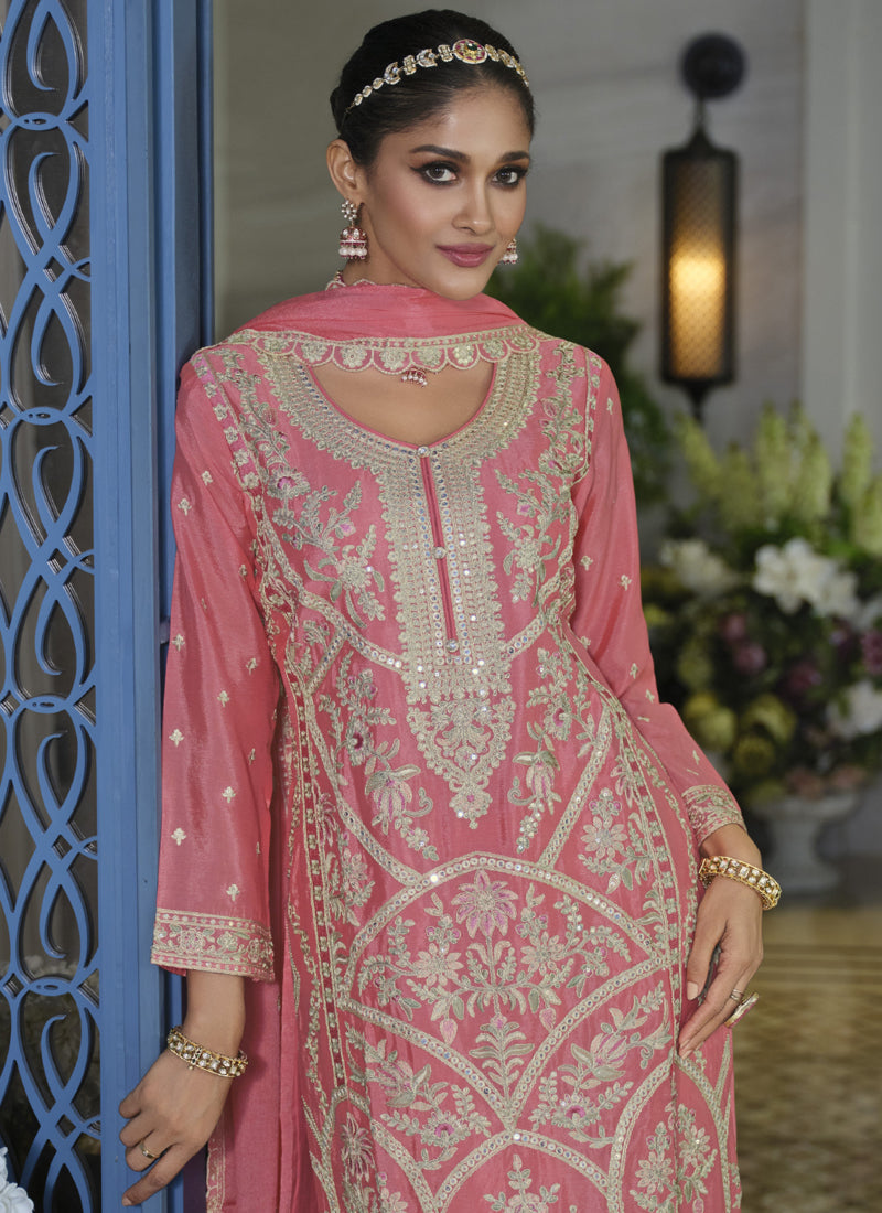 Peach Chinon Silk Palazzo Suit with Intricate Embroidery