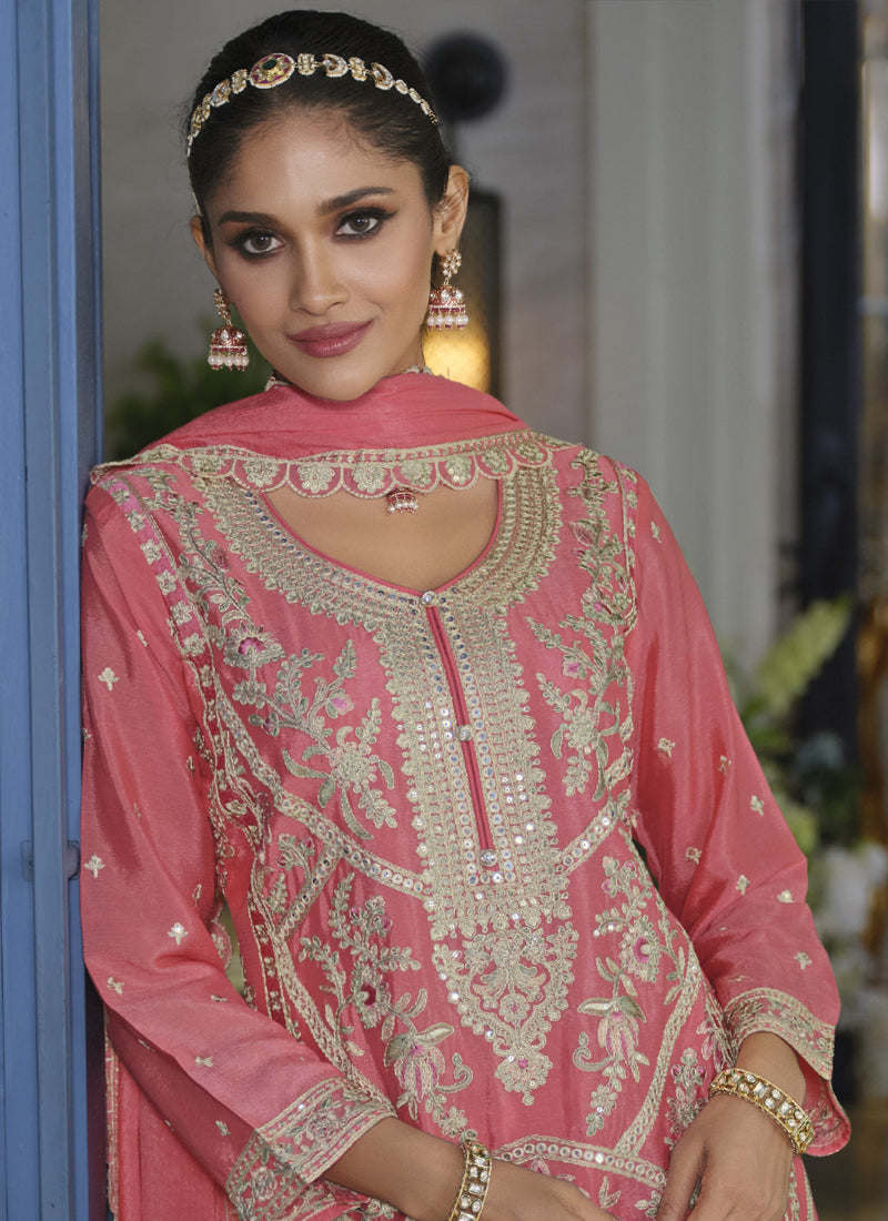 Peach Chinon Silk Palazzo Suit with Intricate Embroidery