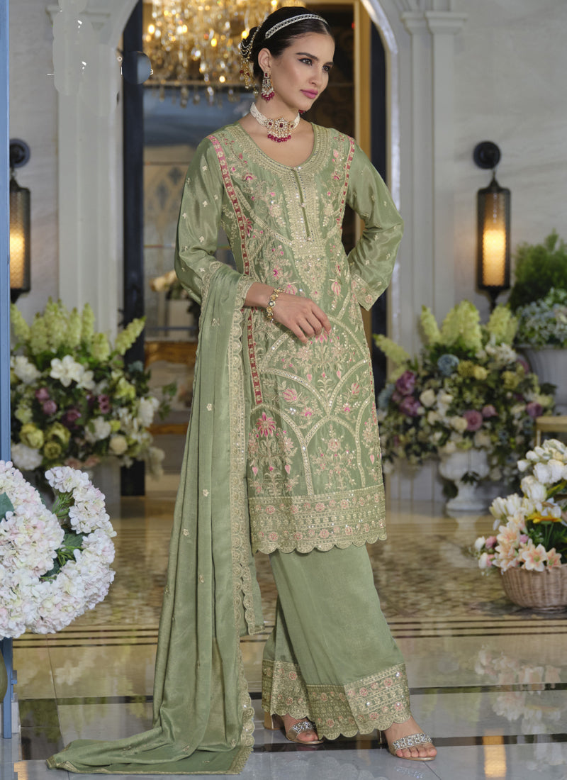 Parrot Green Chinon Silk Embroidered Palazzo Suit for Weddings