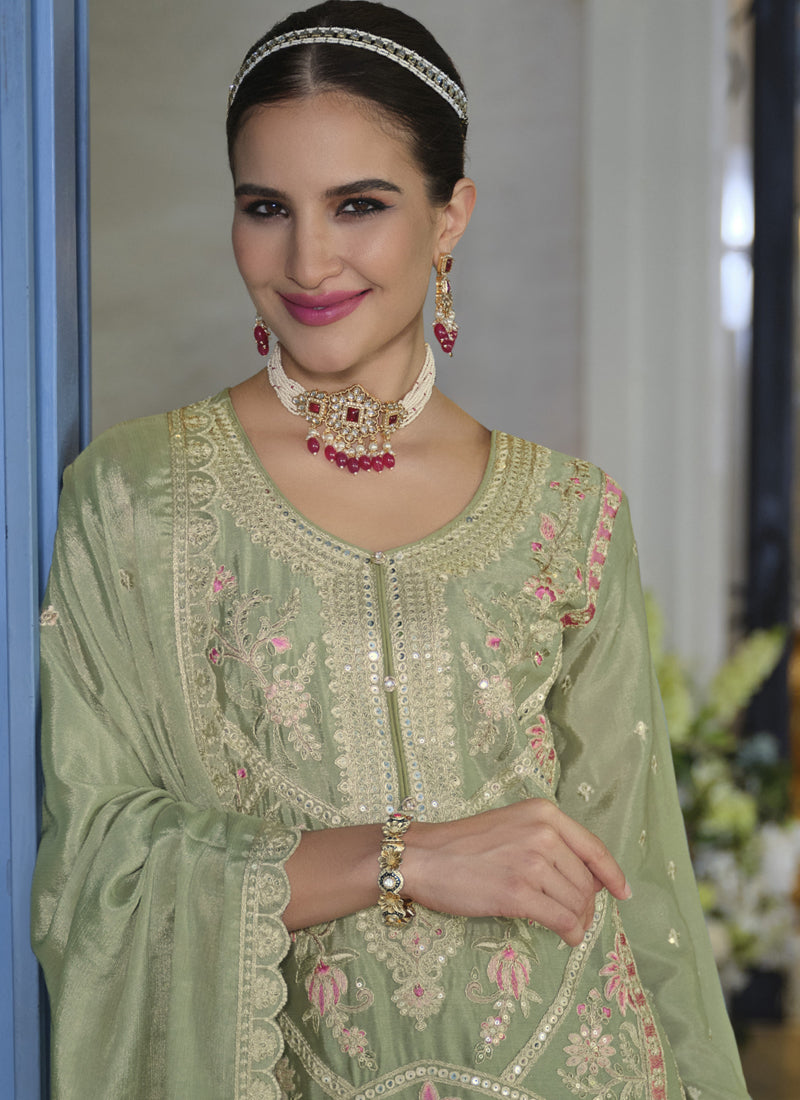 Parrot Green Chinon Silk Embroidered Palazzo Suit for Weddings