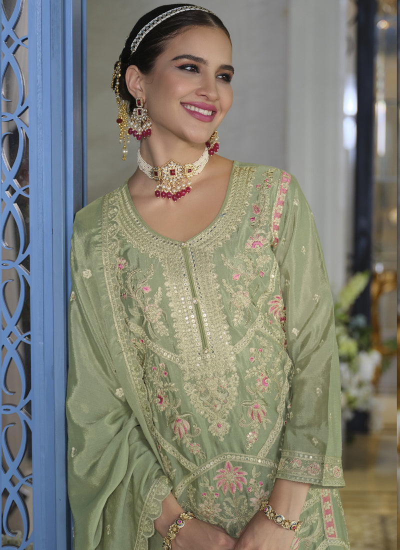 Parrot Green Chinon Silk Embroidered Palazzo Suit for Weddings