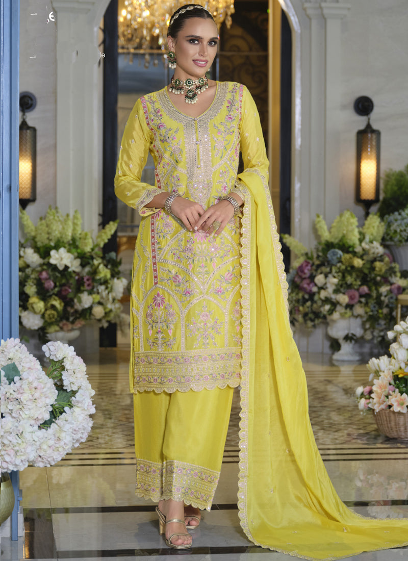 Yellow Chinon Silk Embroidered Palazzo Suit for Wedding