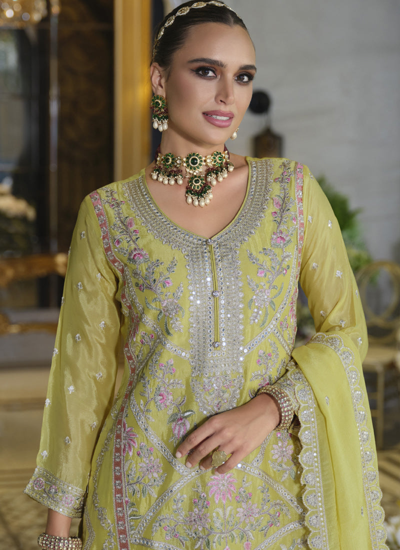 Yellow Chinon Silk Embroidered Palazzo Suit for Wedding