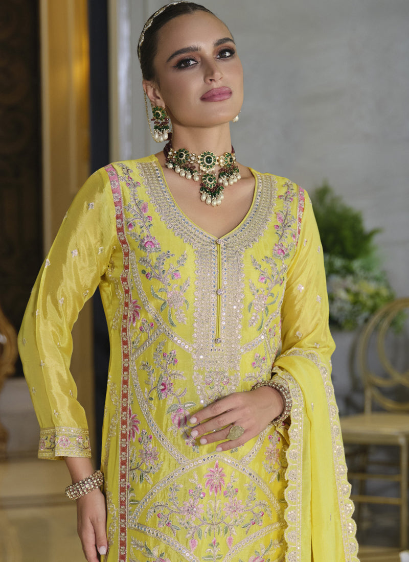 Yellow Chinon Silk Embroidered Palazzo Suit for Wedding