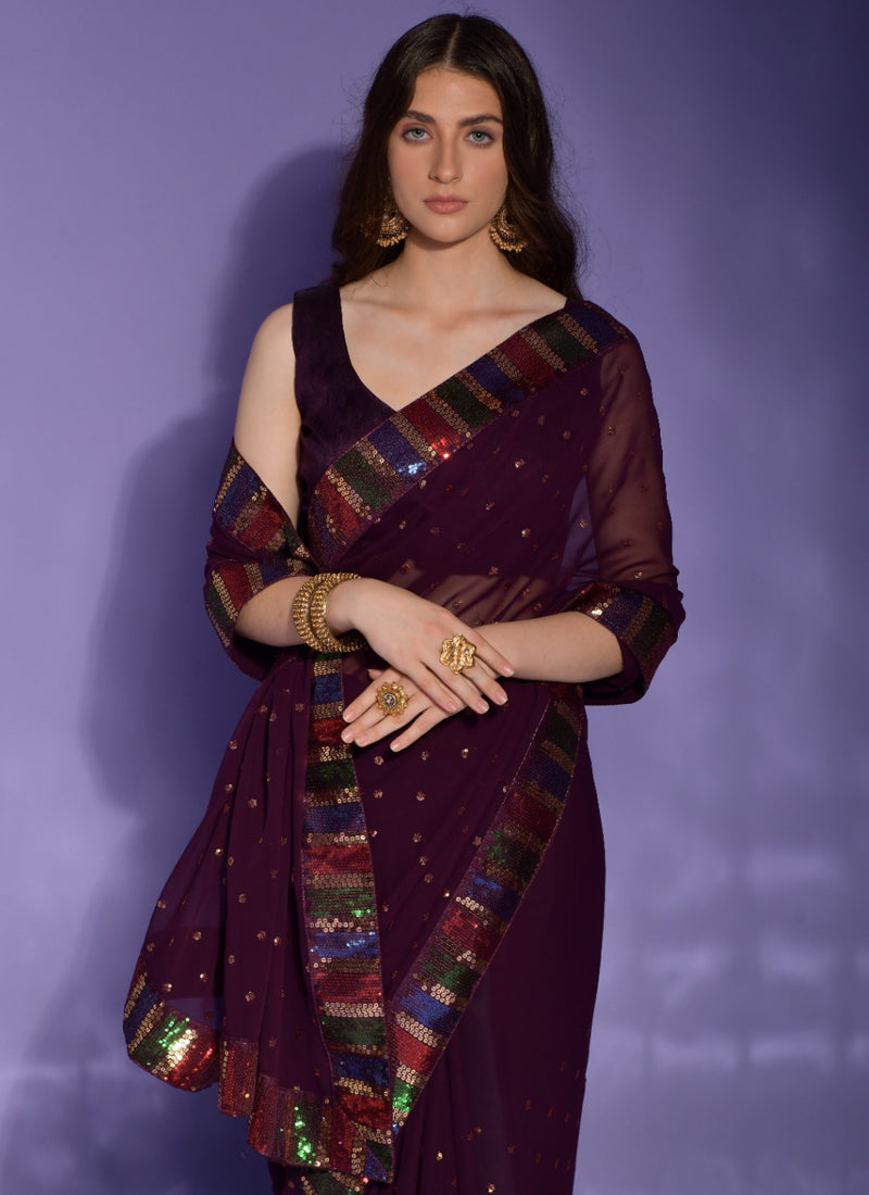 Vegaa Fashion Wine Georgette Sequence Party Wear Saree
