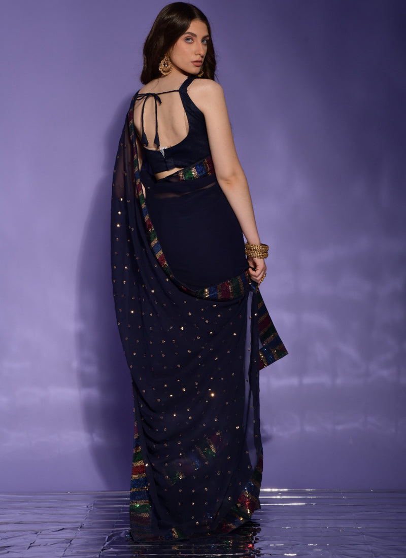 Navy Blue Georgette Sequence Party Wear Saree with Blouse
