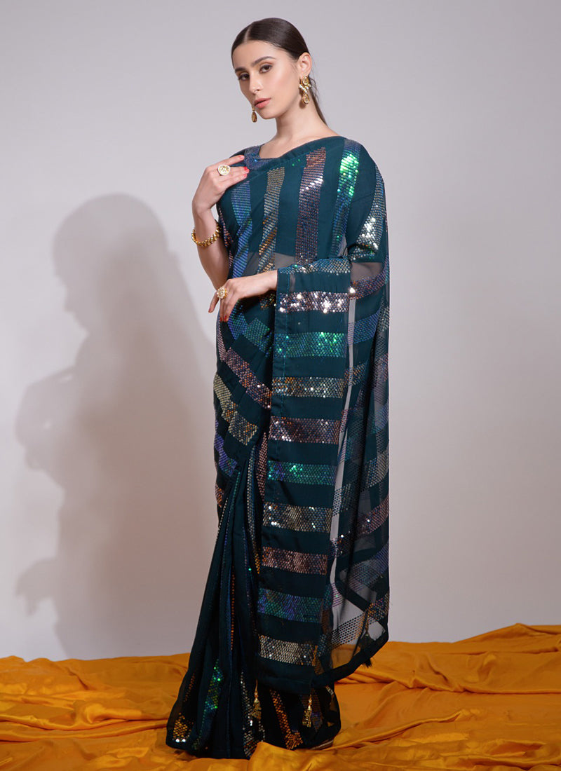 Teal Georgette Sequins Saree with Unstitched Blouse for Parties