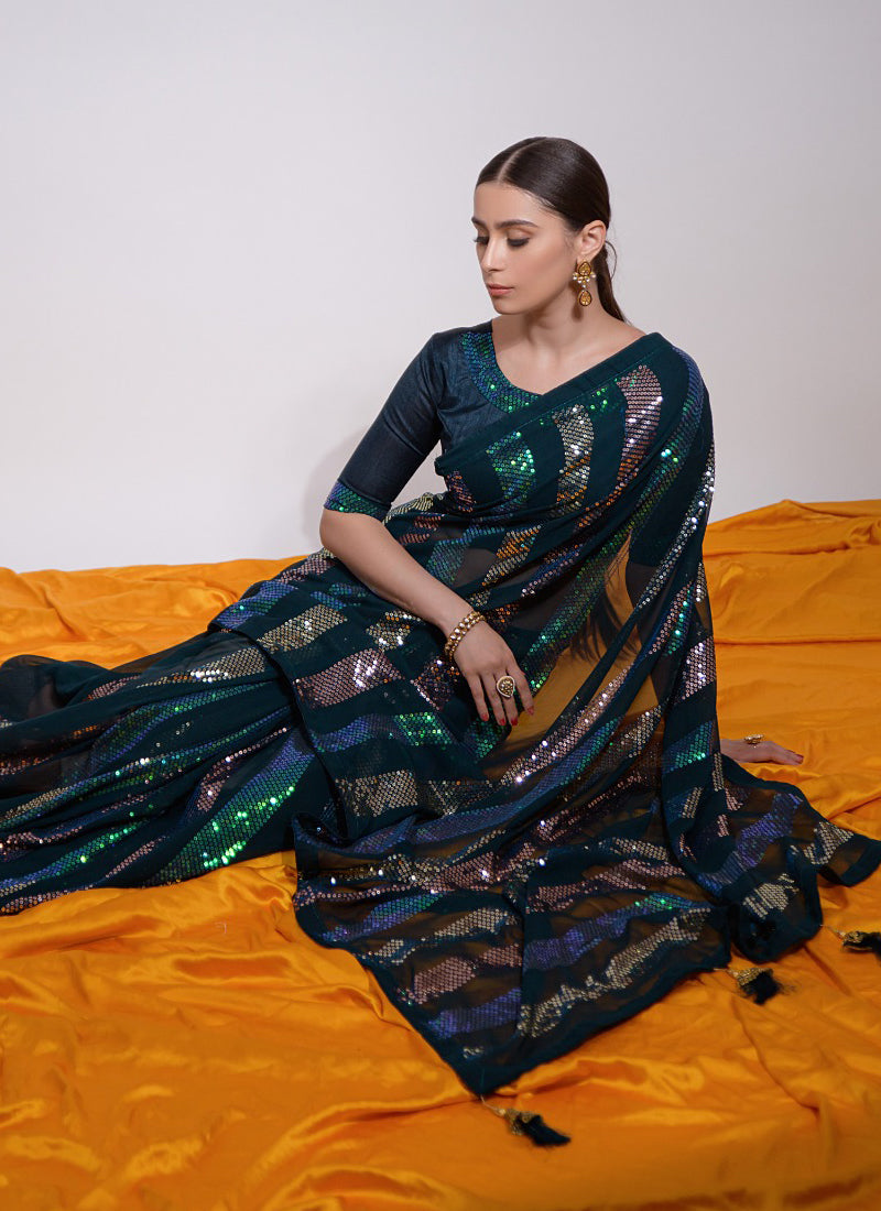 Teal Georgette Sequins Saree with Unstitched Blouse for Parties