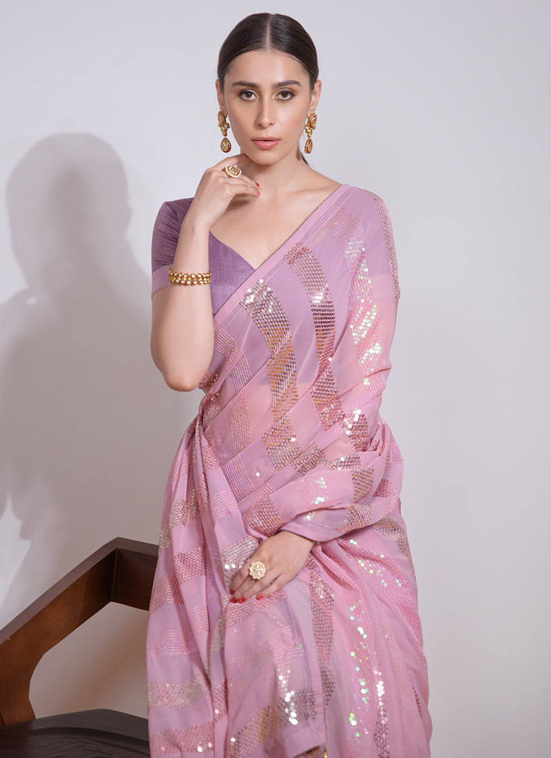 Baby Pink Georgette Sequin Party Wear Saree for Girls