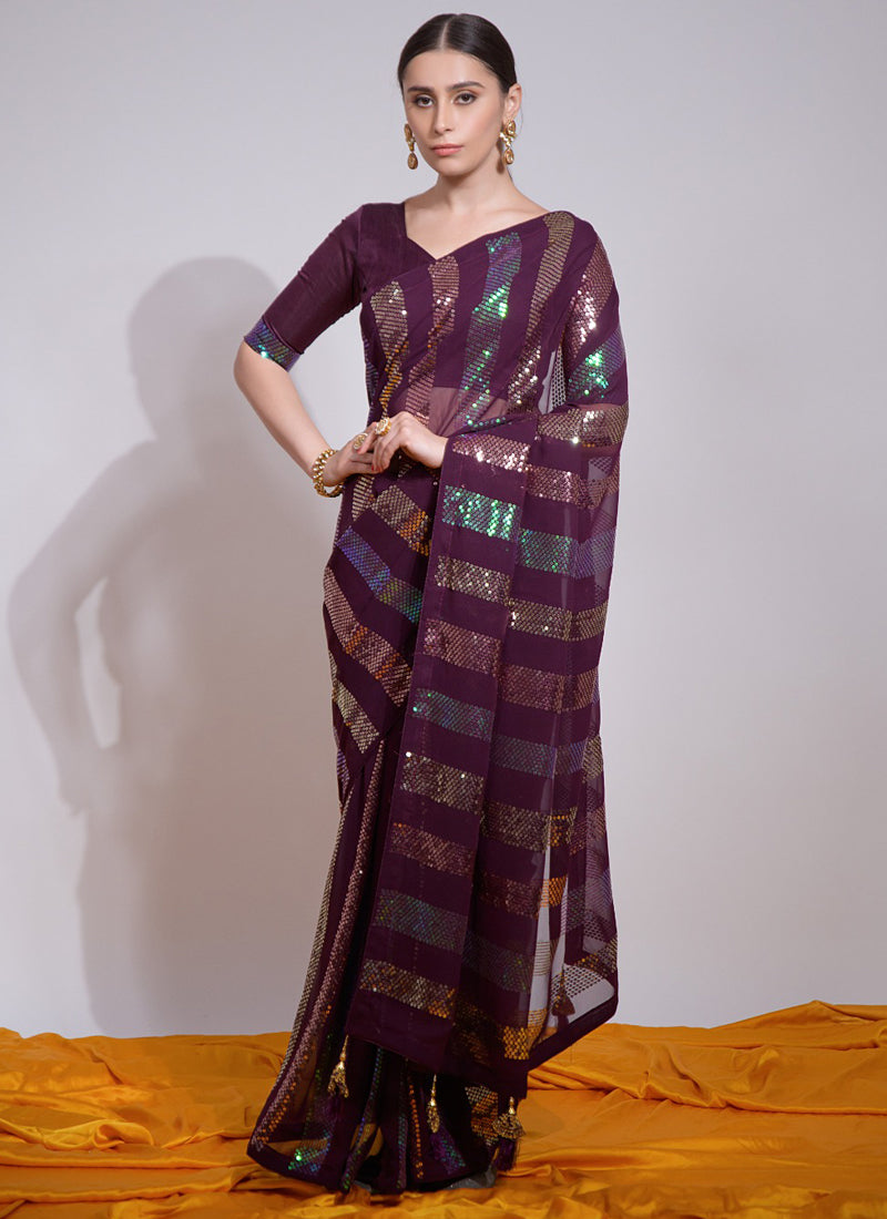 Vegaa Fashion Wine Georgette Sequence Party Wear Saree
