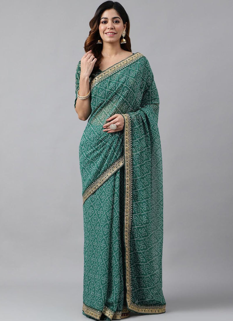 Green soft georgette Bandhani saree with embroidered detail and matching blouse