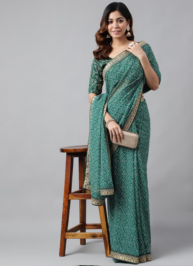 Green Soft Georgette Bandhani Saree with Embroidery Detail