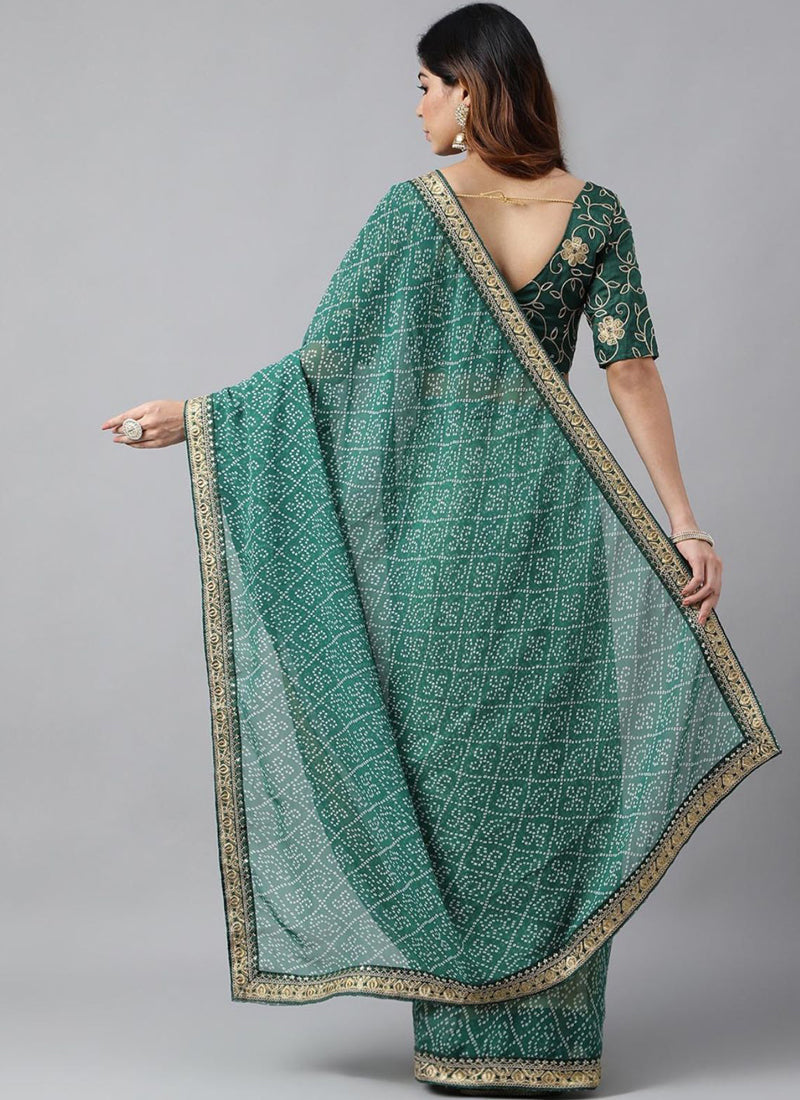 Green Soft Georgette Bandhani Saree with Embroidery Detail