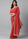 Red georgette Bandhani saree with embroidery and matching blouse