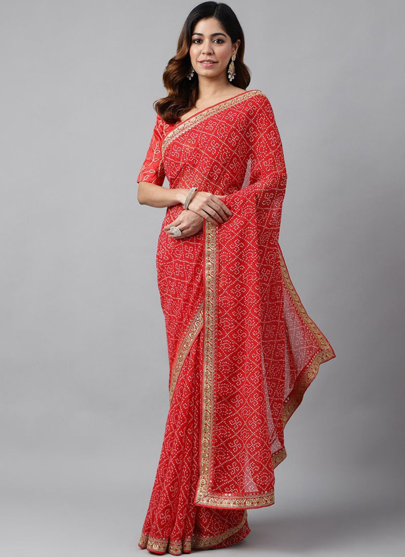 Red georgette Bandhani saree with embroidery and matching blouse