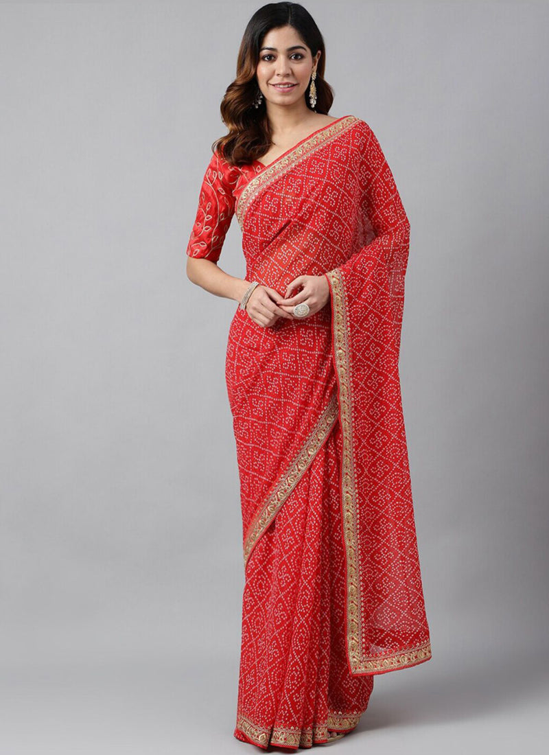 Red Bandhani Print Georgette Saree with Embroidered Blouse