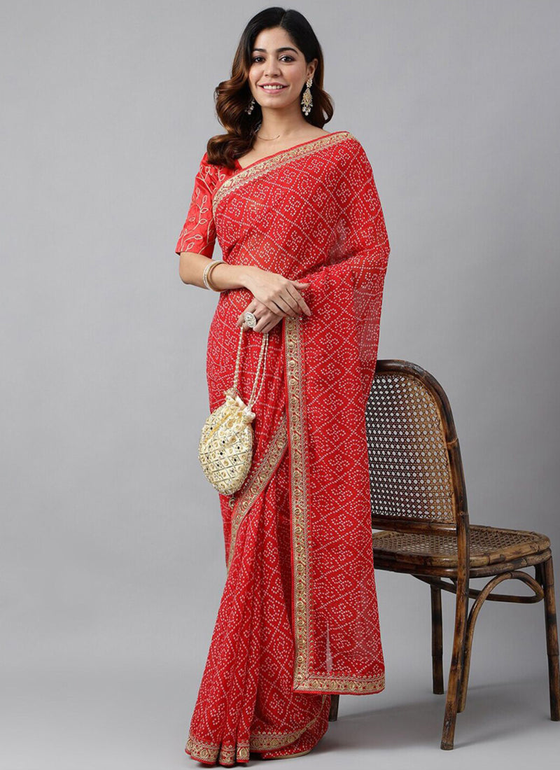 Red Bandhani Print Georgette Saree with Embroidered Blouse