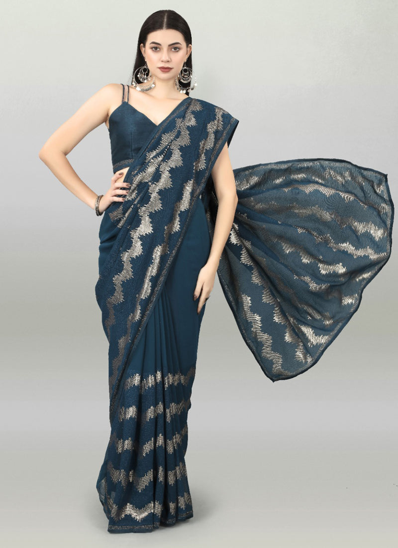 Acqua Blue georgette party wear saree with sequence work and matching blouse