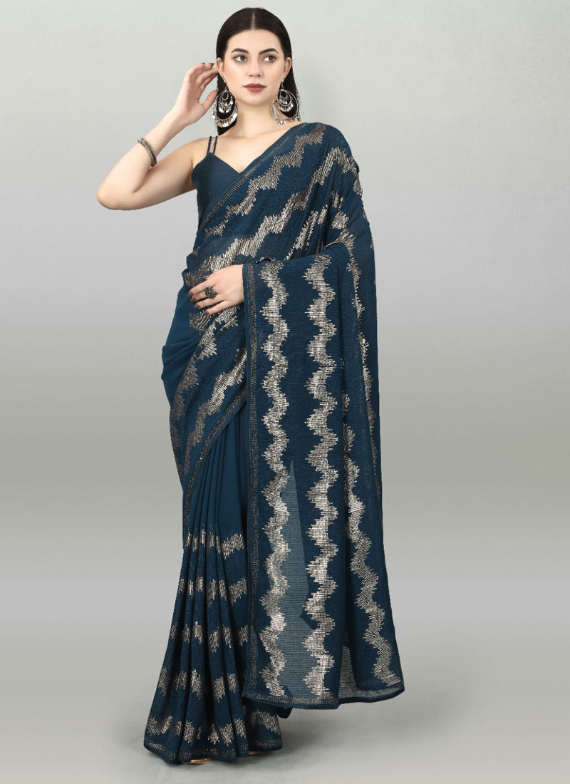 Acqua Blue Georgette Sequence Embroidered Party Wear Saree