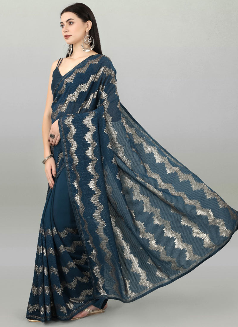 Acqua Blue Georgette Sequence Embroidered Party Wear Saree