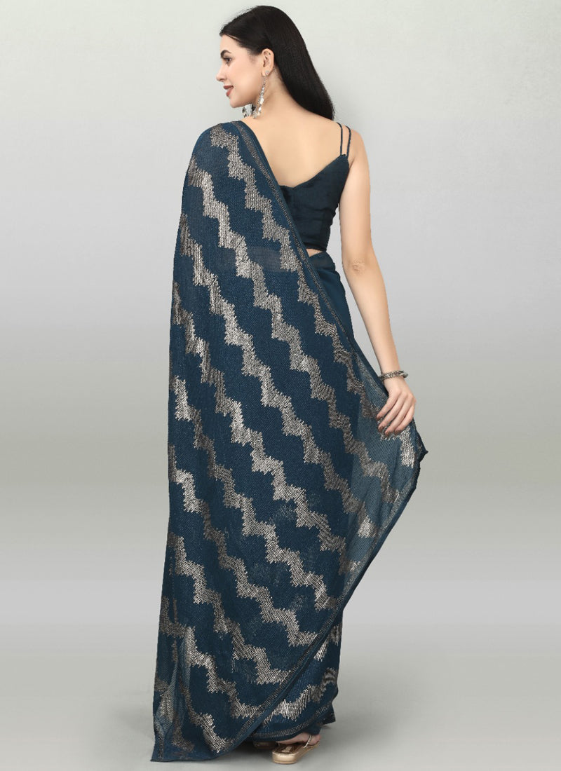 Acqua Blue Georgette Sequence Embroidered Party Wear Saree