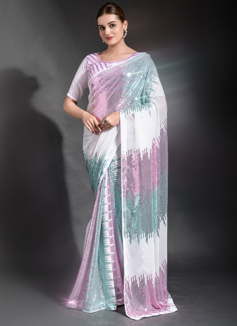 Off White Georgette Sequence Embroidered Party Wear Saree