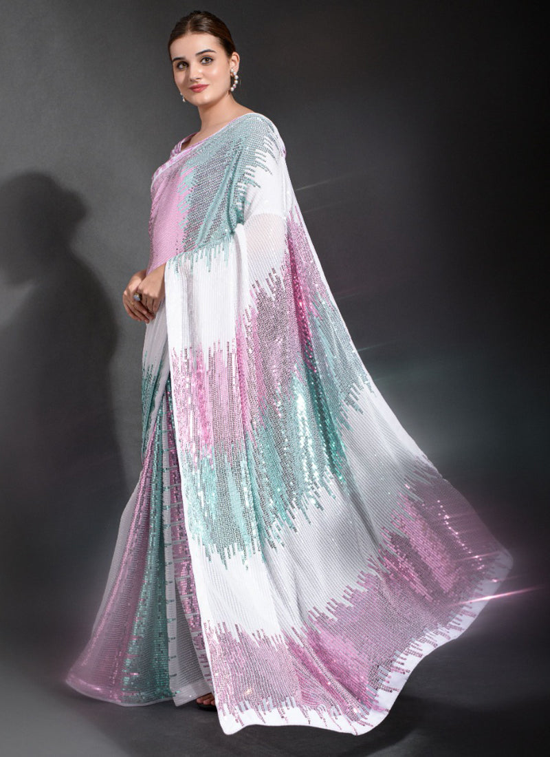 Off White Georgette Sequence Embroidered Party Wear Saree
