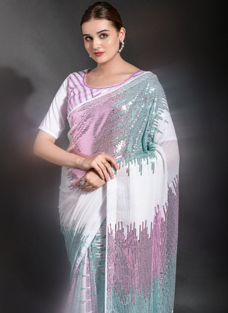 Off White Georgette Sequence Embroidered Party Wear Saree