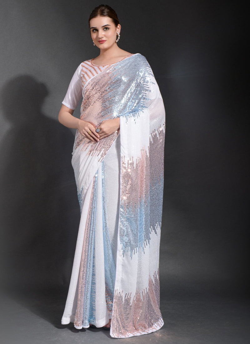 Sophisticated off white georgette saree adorned with sequence embroidery
