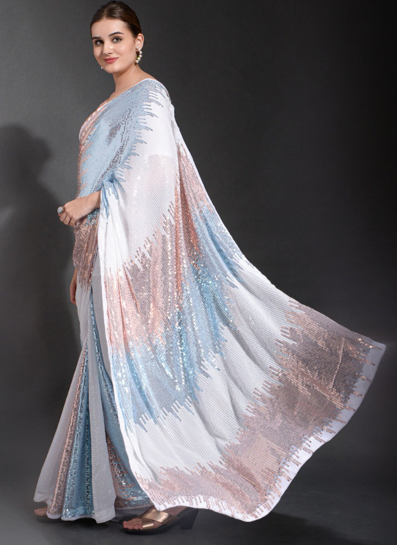 Off White Georgette Sequence Saree for Wedding Party Wear