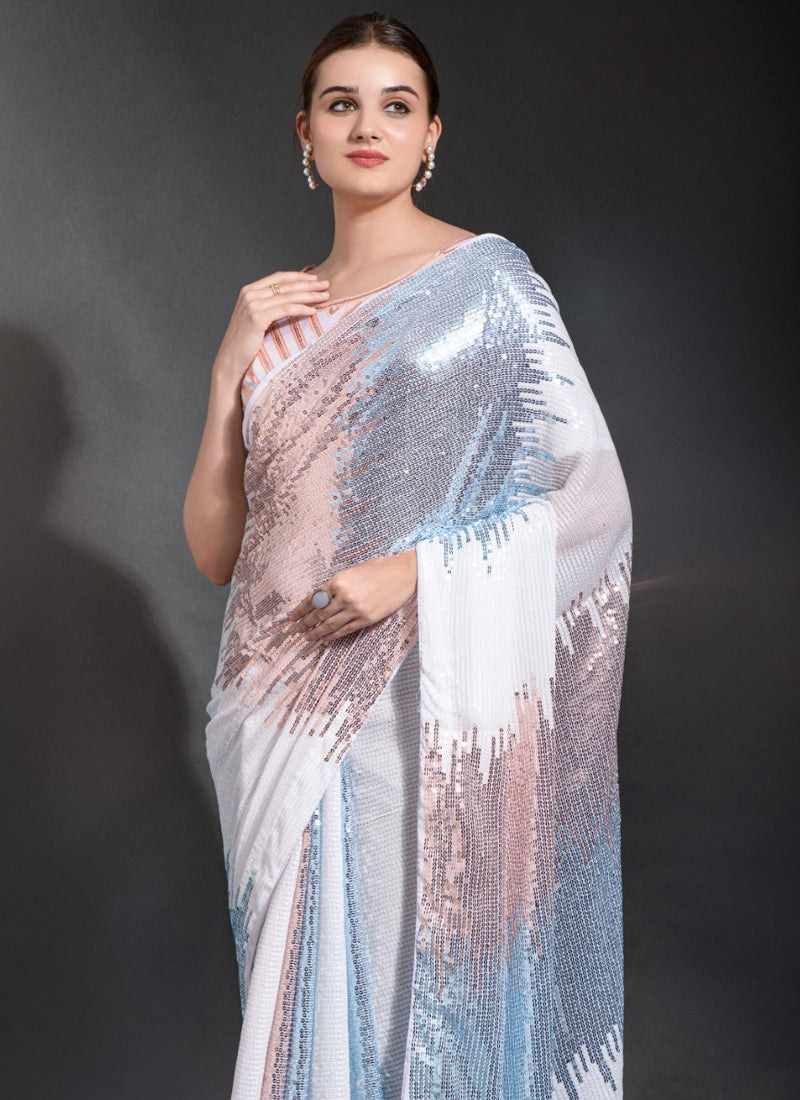 Off White Georgette Sequence Saree for Wedding Party Wear