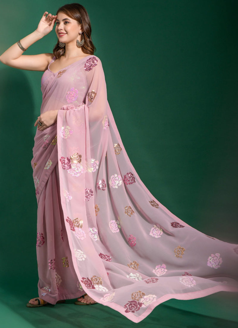 Onion Pink Georgette Saree with Sequence Flower Embroidery