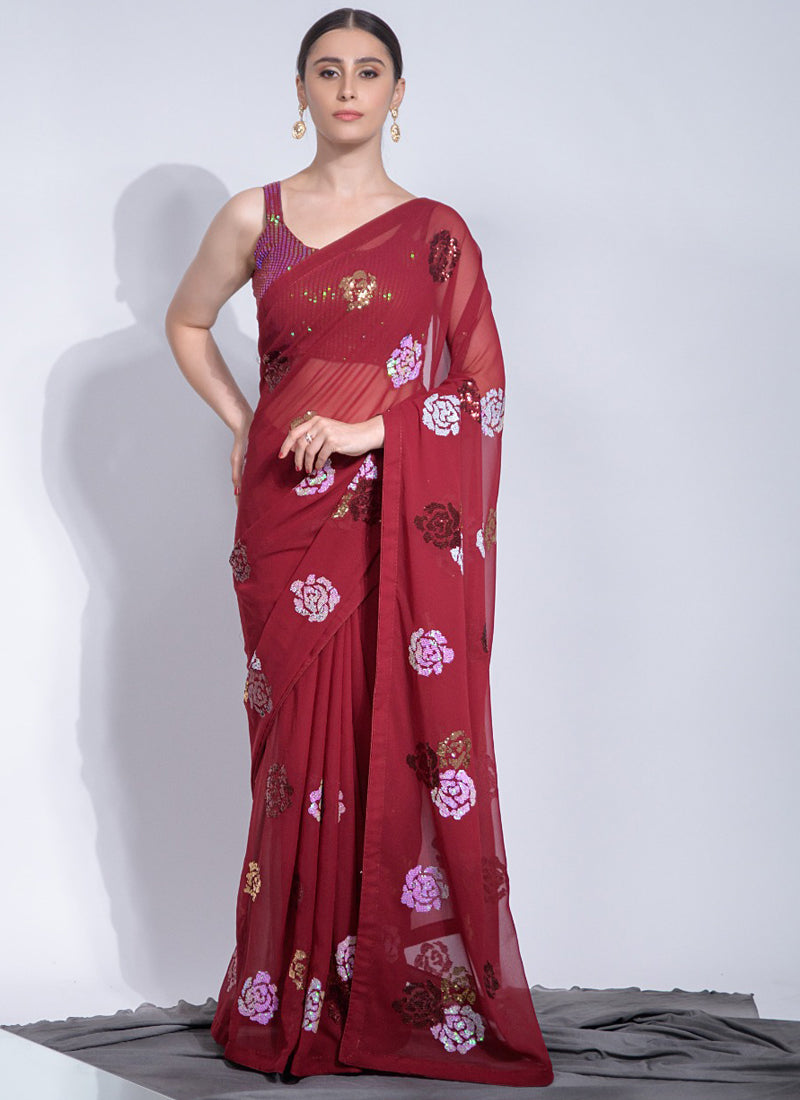 Red georgette saree with intricate floral sequence embroidery