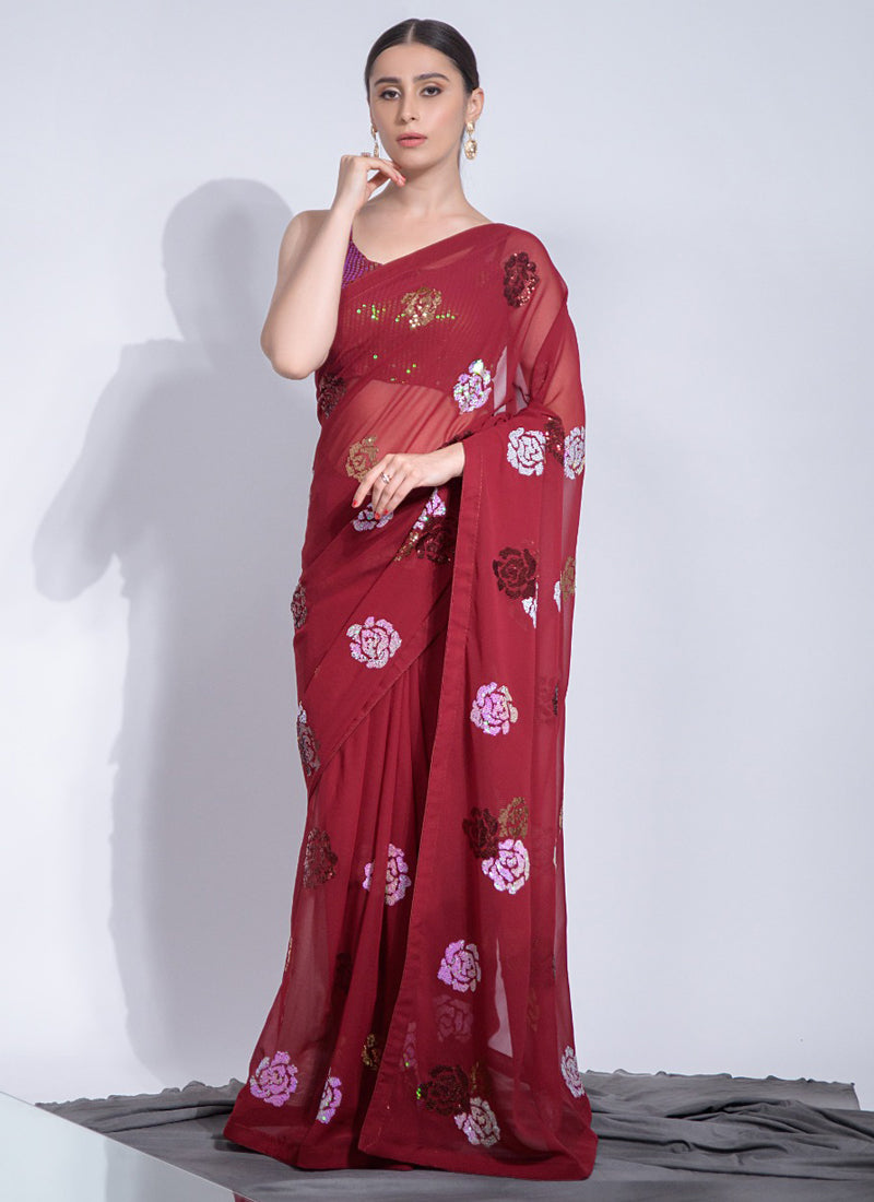 Red Georgette Saree with Sequence Flower Embroidery Work