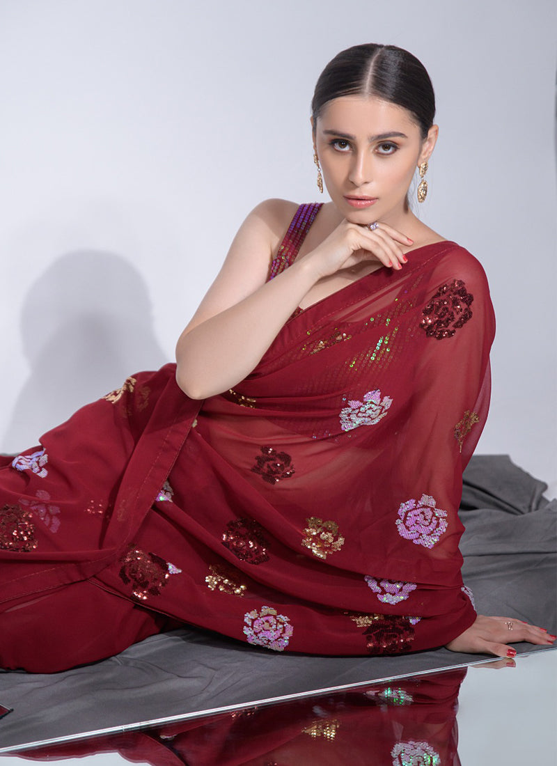 Red Georgette Saree with Sequence Flower Embroidery Work