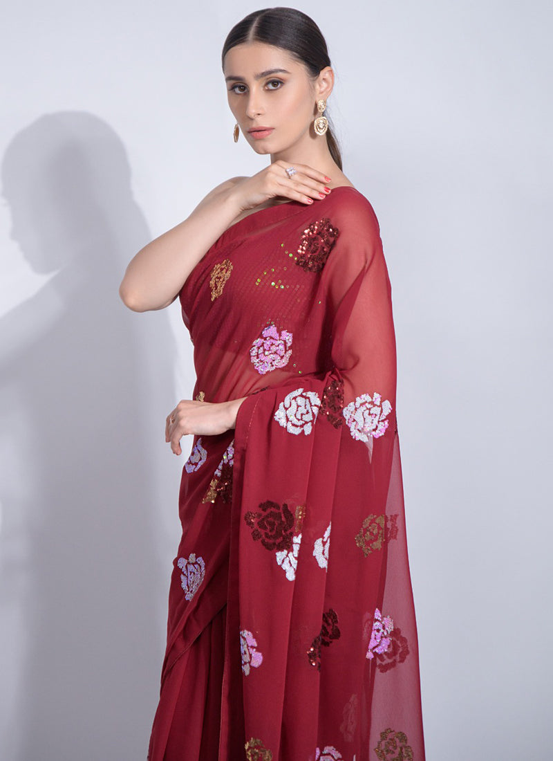 Red Georgette Saree with Sequence Flower Embroidery Work