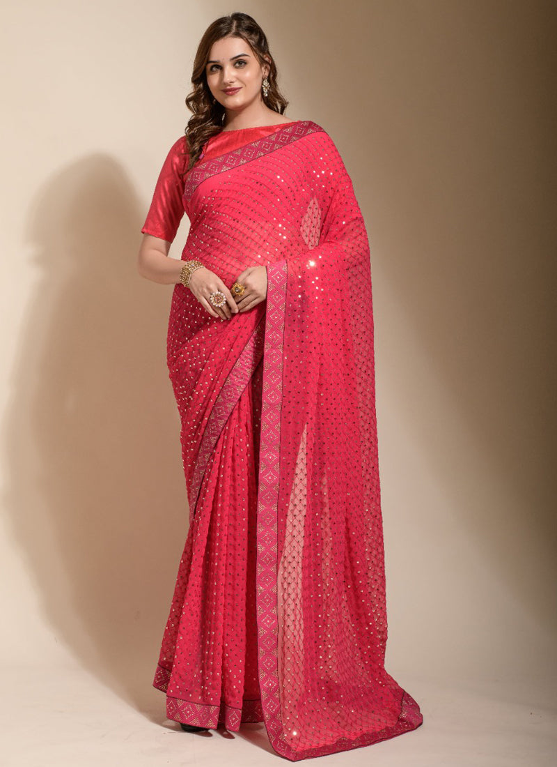 Peach georgette saree with embroidery and matching blouse