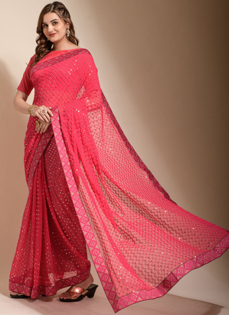Peach Georgette Embroidered Party Wear Saree with Blouse