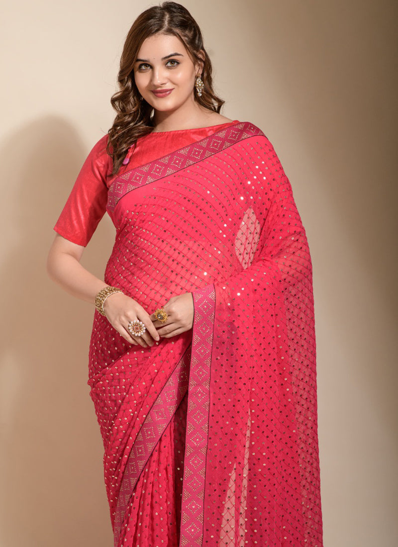 Peach Georgette Embroidered Party Wear Saree with Blouse