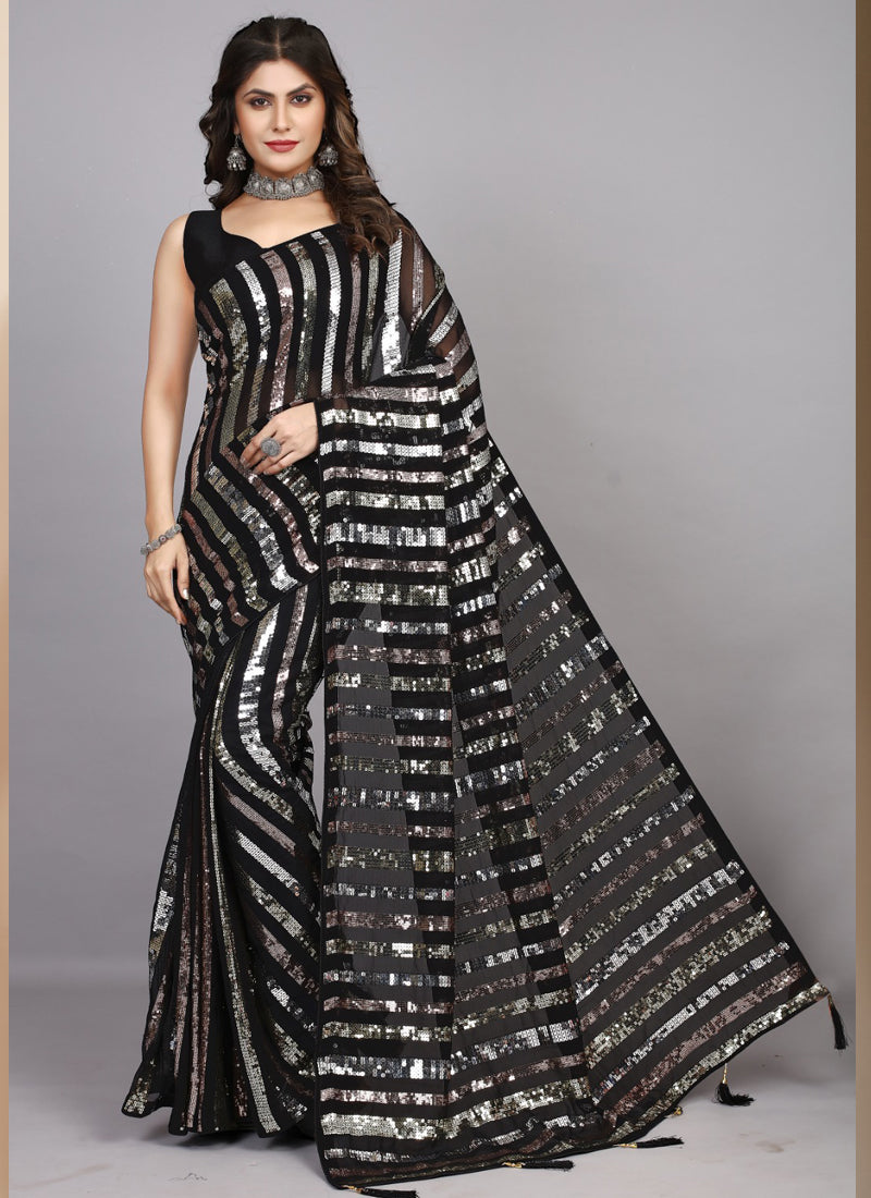 Classic black georgette party wear saree with intricate embroidery
