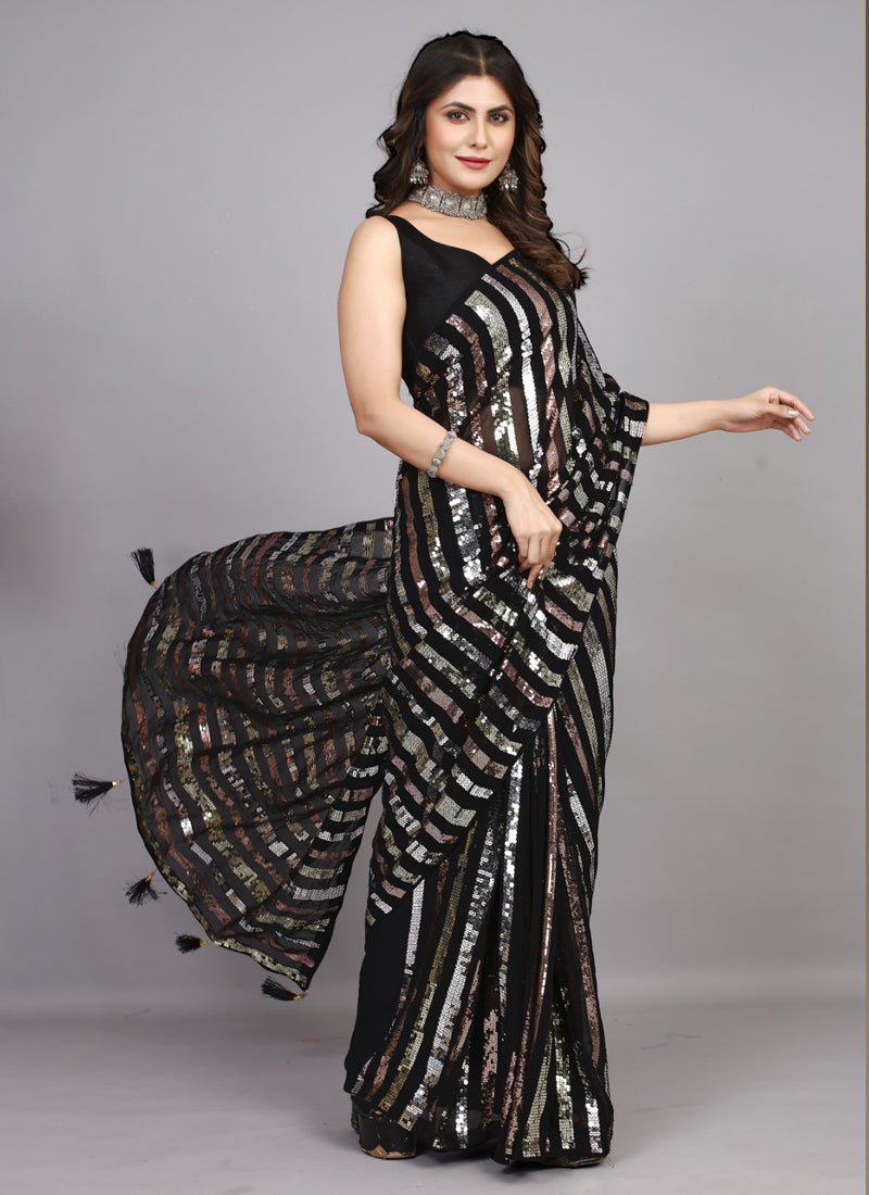 Black Georgette Embroidered Party Wear Saree with Blouse