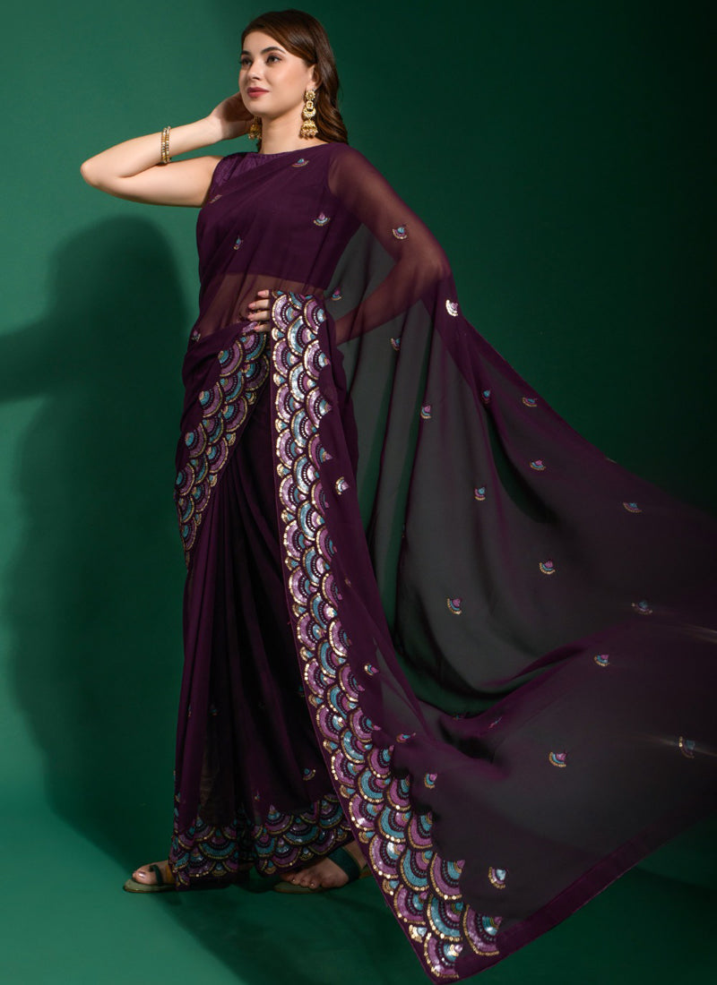 Purple Georgette Embroidered Party Wear Saree with Blouse