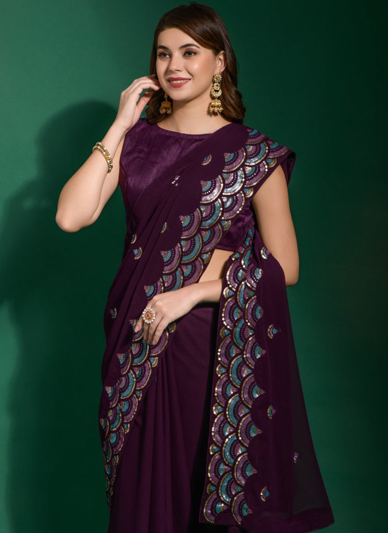 Purple Georgette Embroidered Party Wear Saree with Blouse