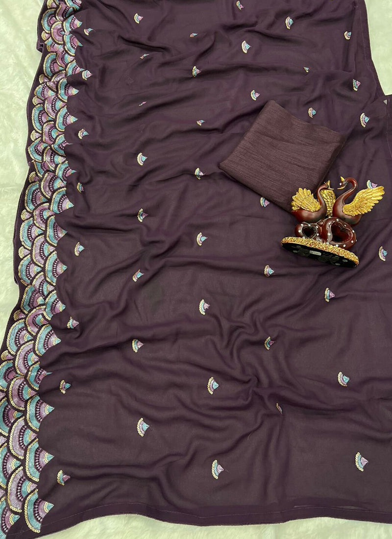Purple Georgette Embroidered Party Wear Saree with Blouse