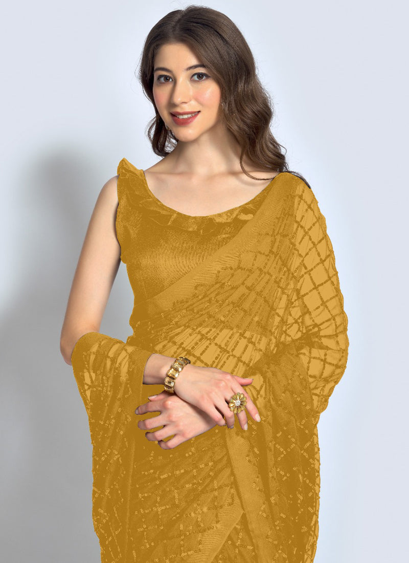 Vegaa Fashion Yellow Georgette Sequence Party Wear Saree
