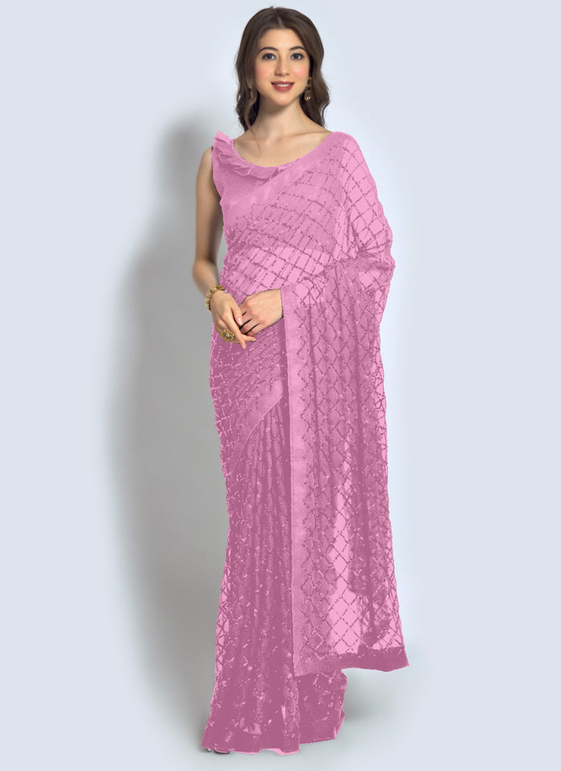Beautiful pink georgette saree with detailed sequin embroidery and matching blouse piece