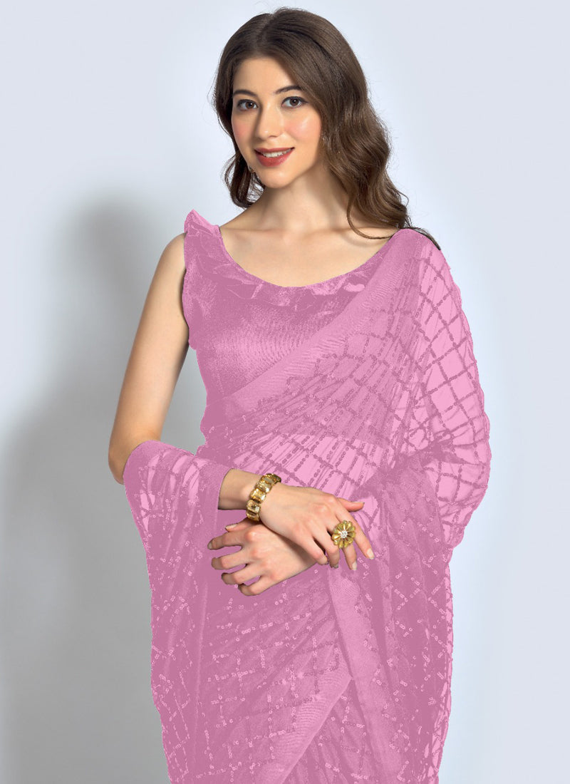 Pink Georgette Saree with Embroidered Sequins for Party Wear