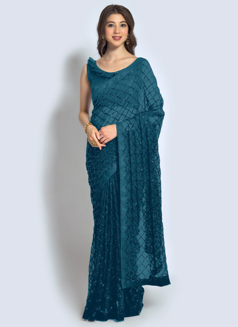 Aqua blue georgette saree with sequence floral embroidery